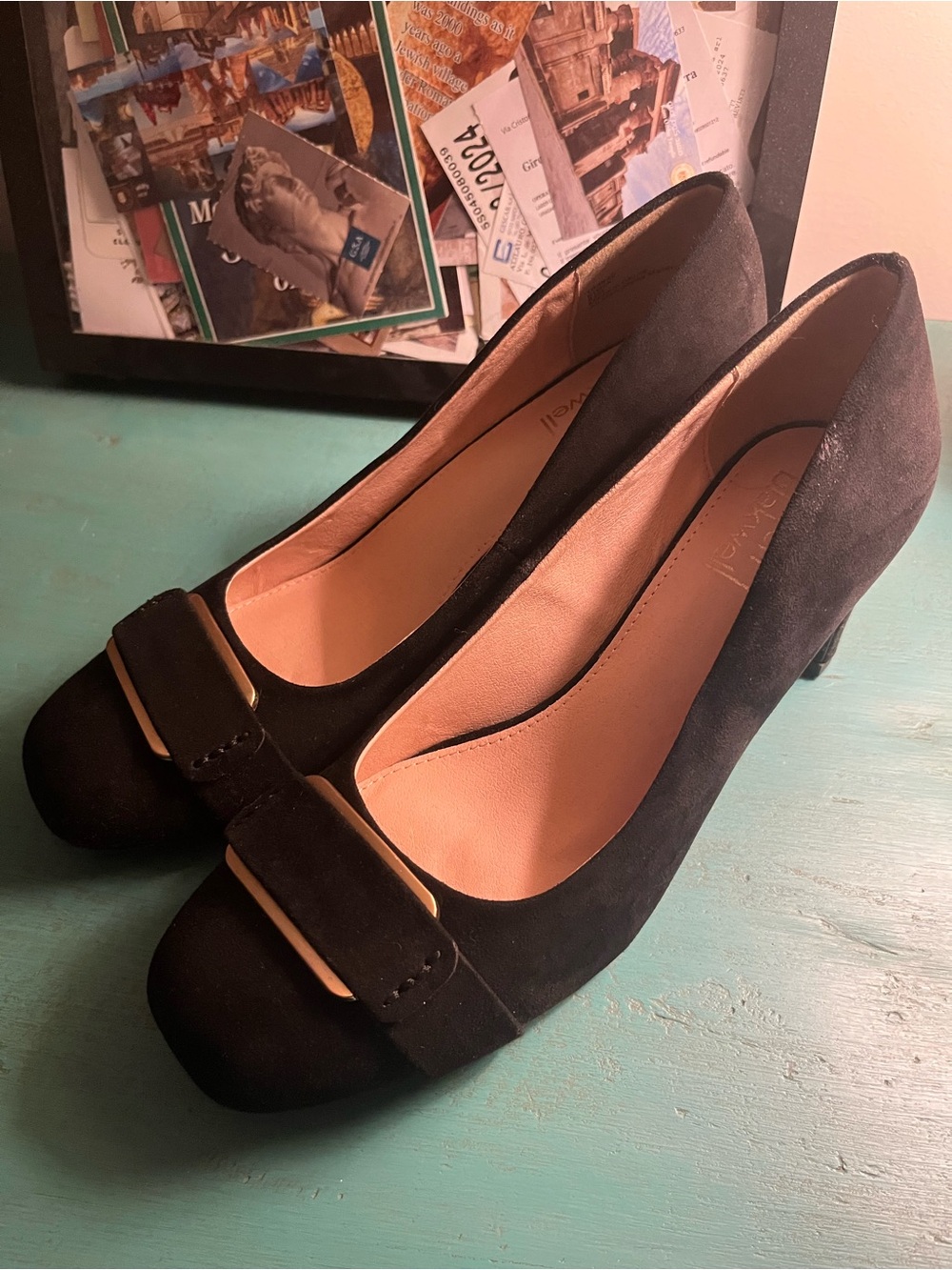 Black Suede Low Heel Pumps with Bow Accent